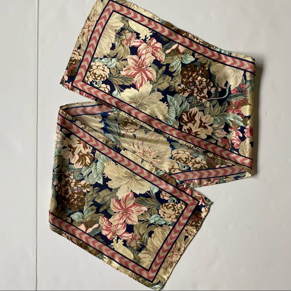Scarf 52” X 10”Rectangle womens silky Floral Hand Rolled Beige Red Black